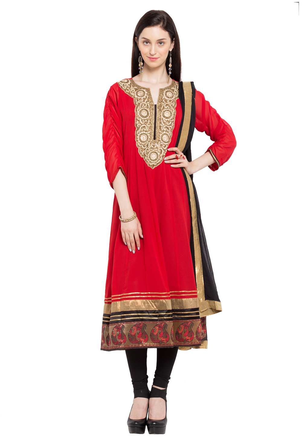 Red Faux Georgette Readymade Churidar Suit 230362