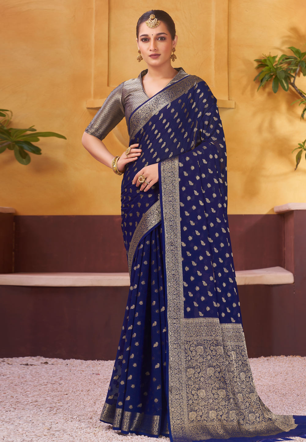 Navy Blue Georgette Saree With Blouse 270772