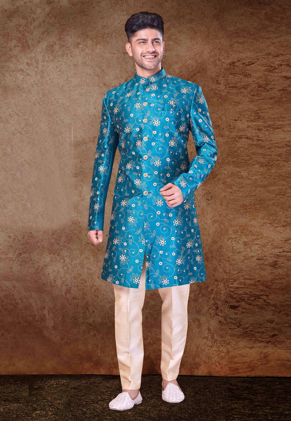 Turquoise Art Silk Indo Western Sherwani 260708
