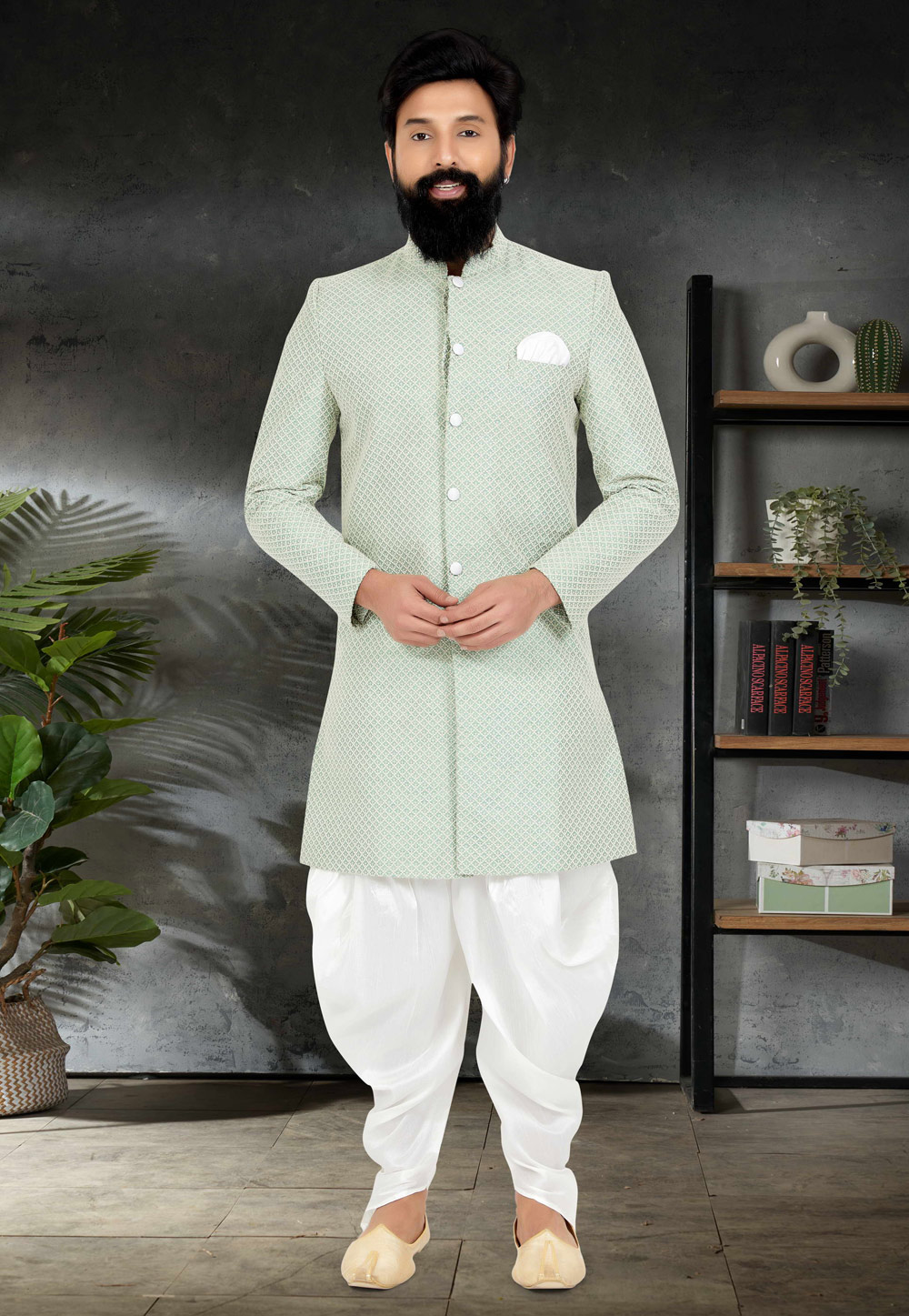 Sea Green Silk Indo Western Suit 271620