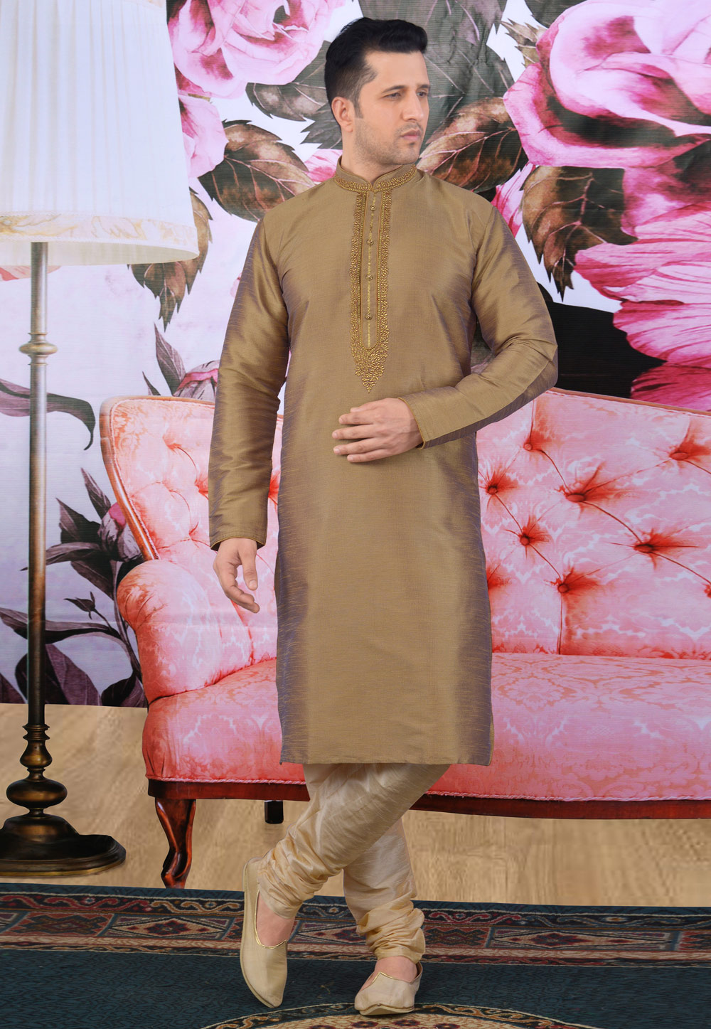 Brown Banarasi Silk Readymade Kurta Pajama 208313