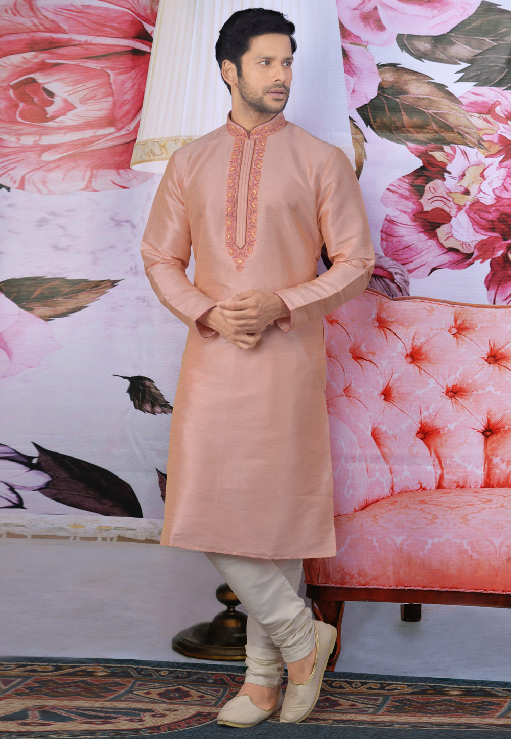 Peach Banarasi Silk Readymade Kurta Pajama 208317