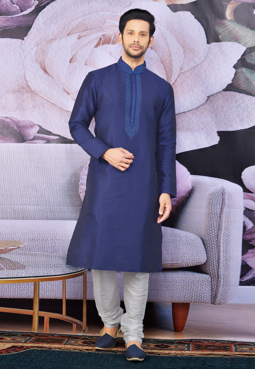 Blue Banarasi Silk Readymade Kurta Pajama 208318