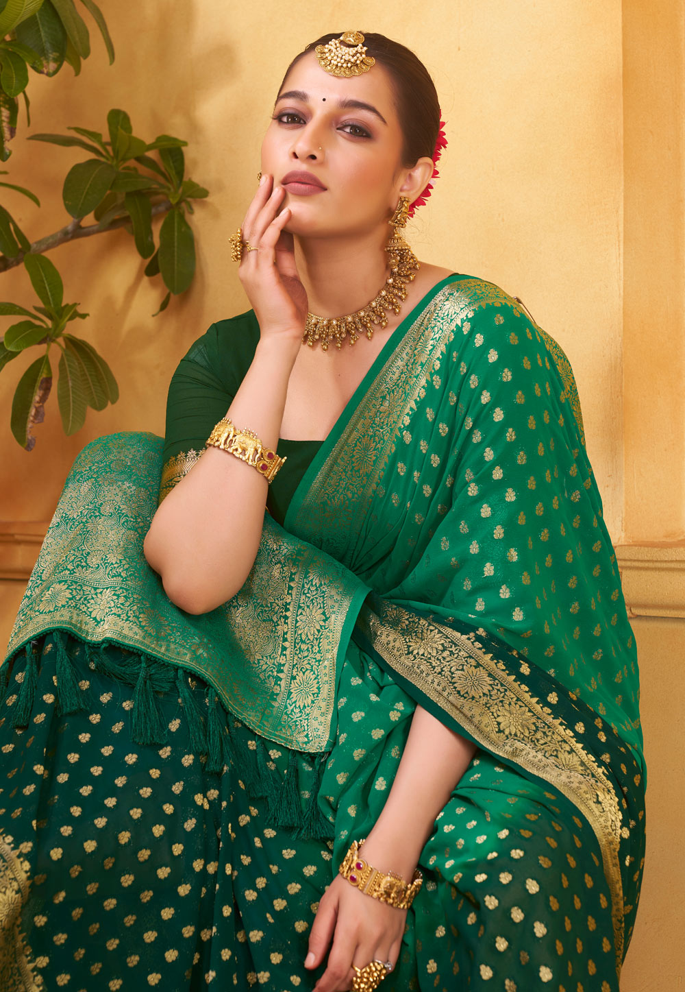 Embroidered Net Half N Half Saree in Green – Common Kiwi