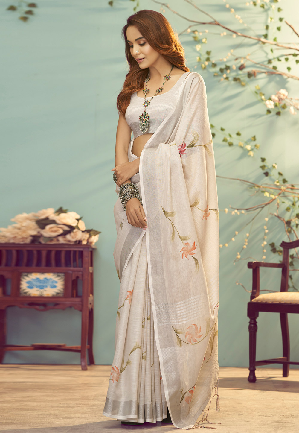 Off White Linen Saree With Blouse 246324