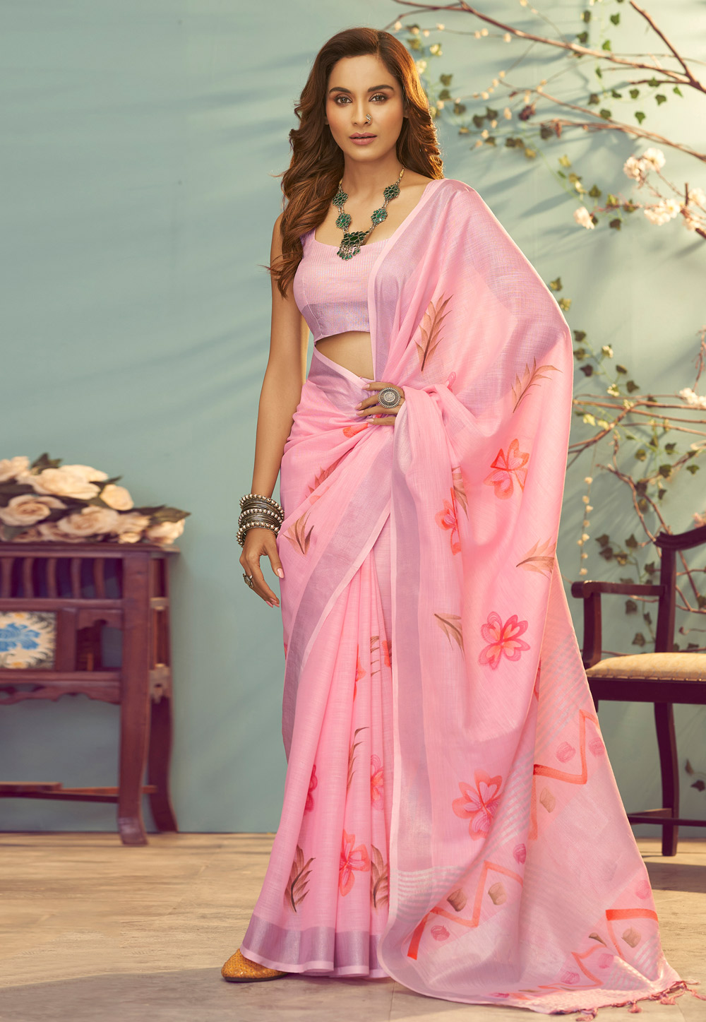 Pink Linen Saree With Blouse 246328