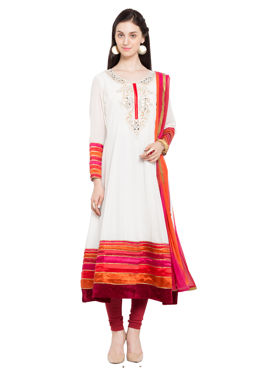 Off White Faux Georgette Readymade Churidar Suit 230364