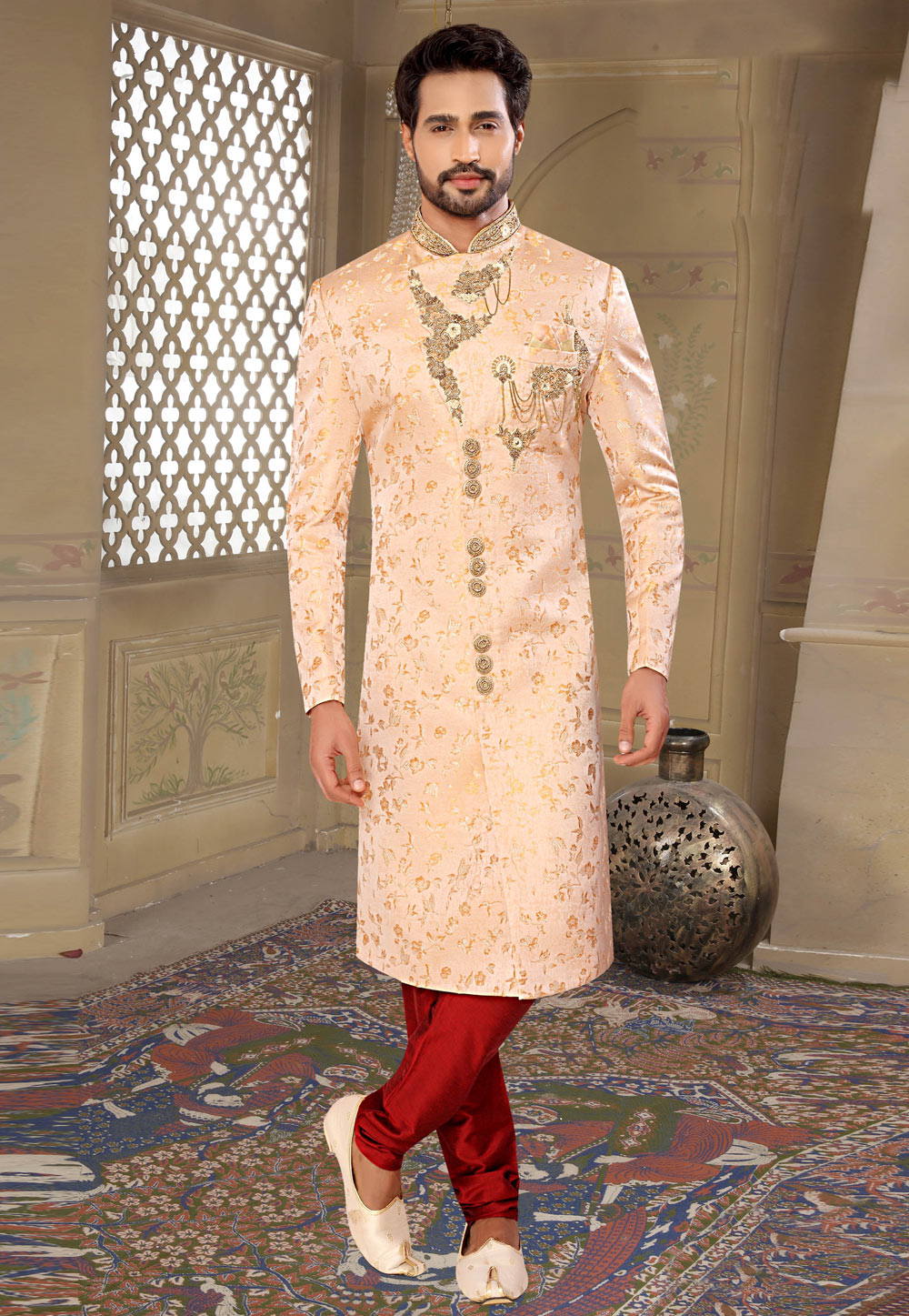 Peach Brocade Achkan Style Sherwani 261265