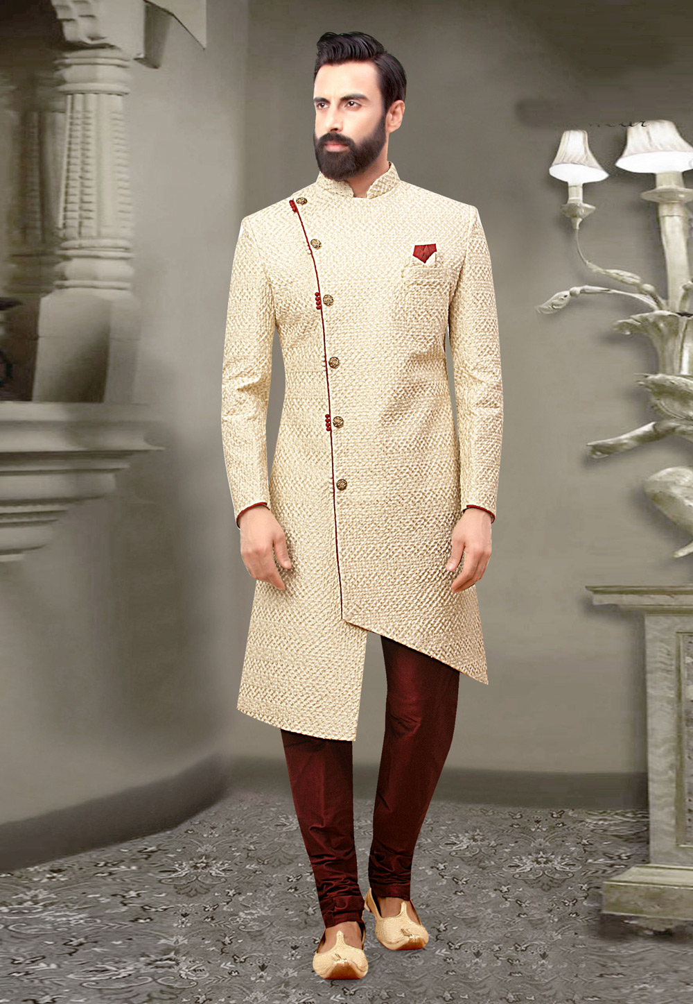 Beige Jacquard Indo Western Sherwani 261269