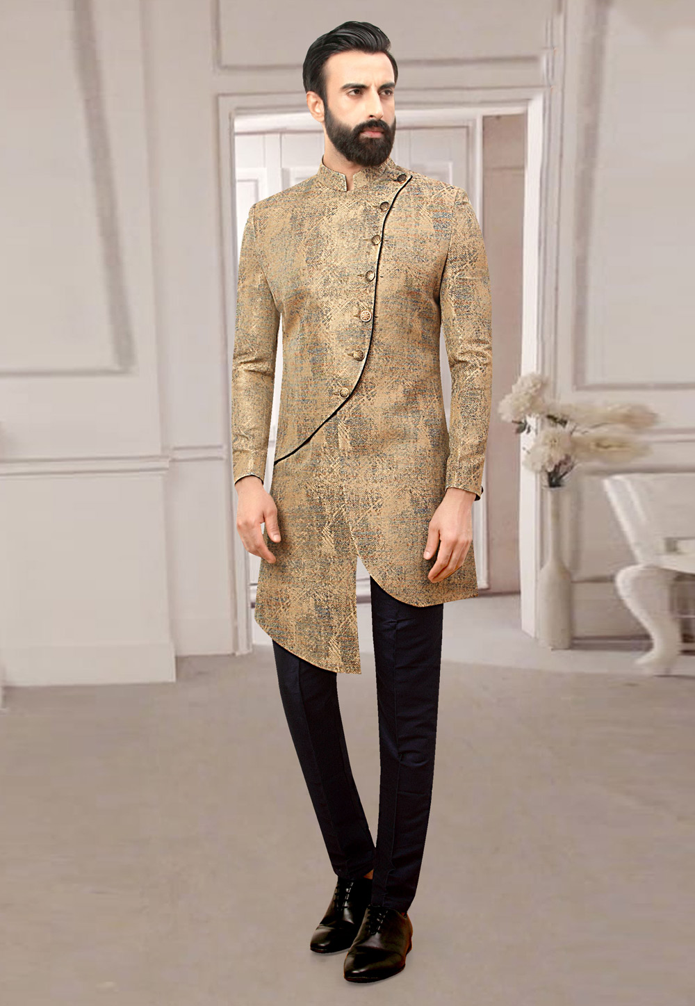 Beige Jacquard Indo Western Sherwani 261270