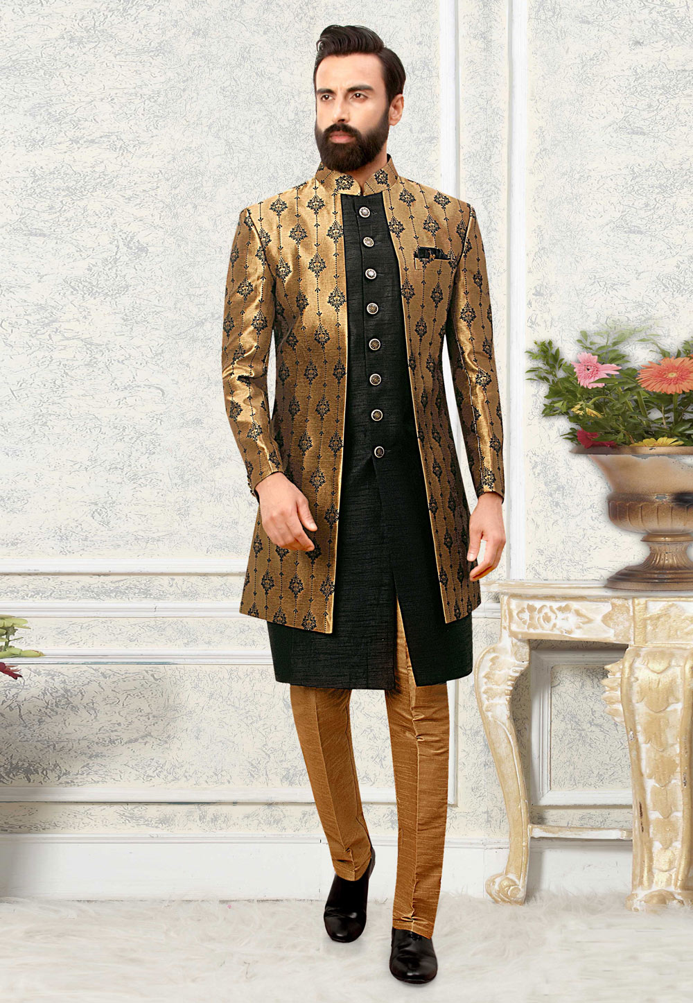 Green Jacquard Indo Western Sherwani 261274