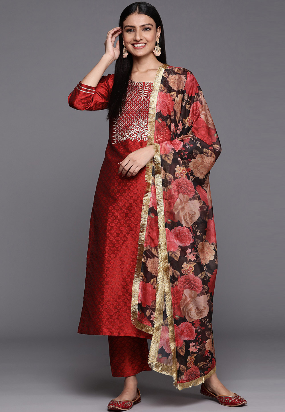 Maroon Silk Readymade Palazzo Suit 261298