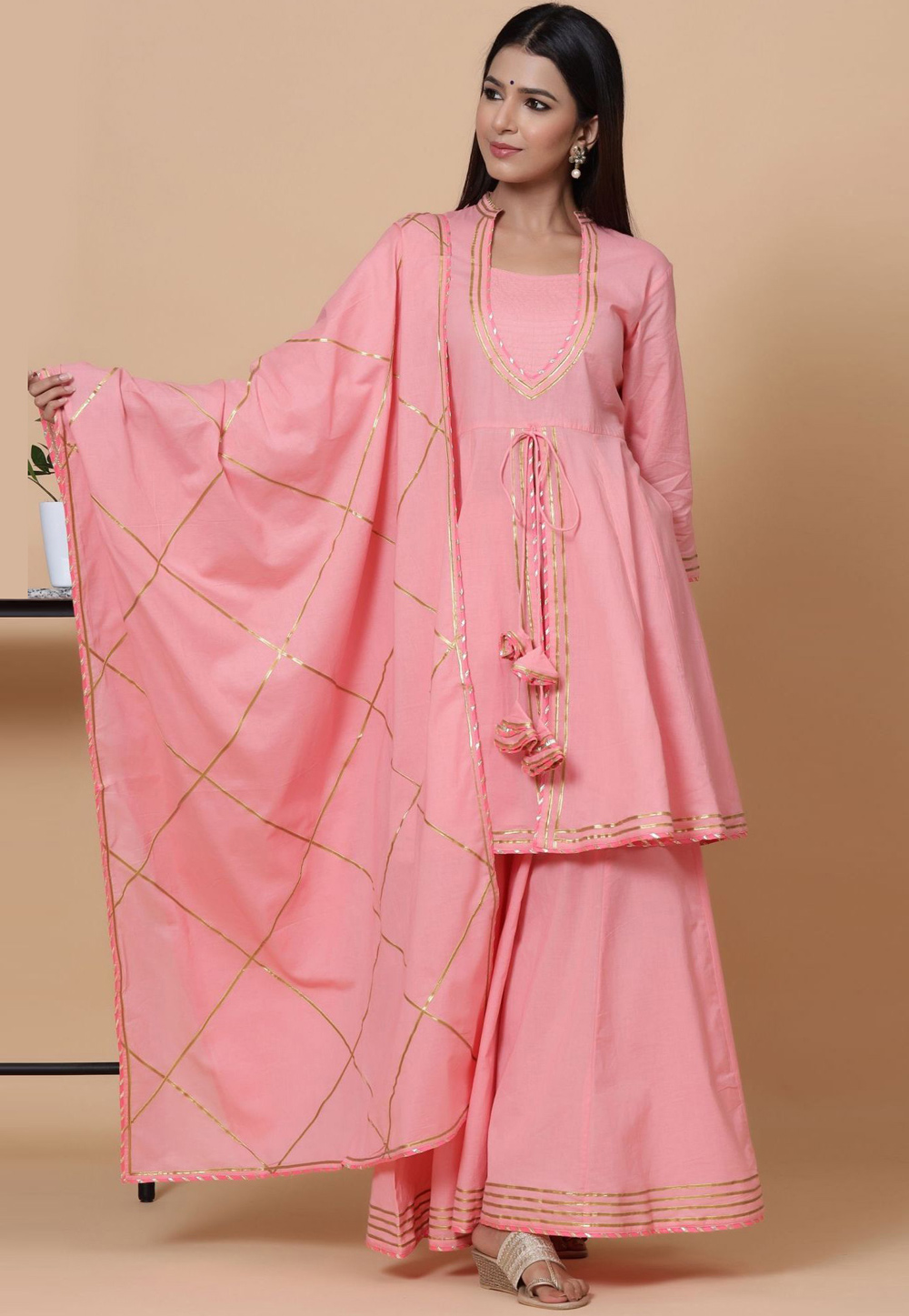 Pink Cotton Readymade Palazzo Suit 219007