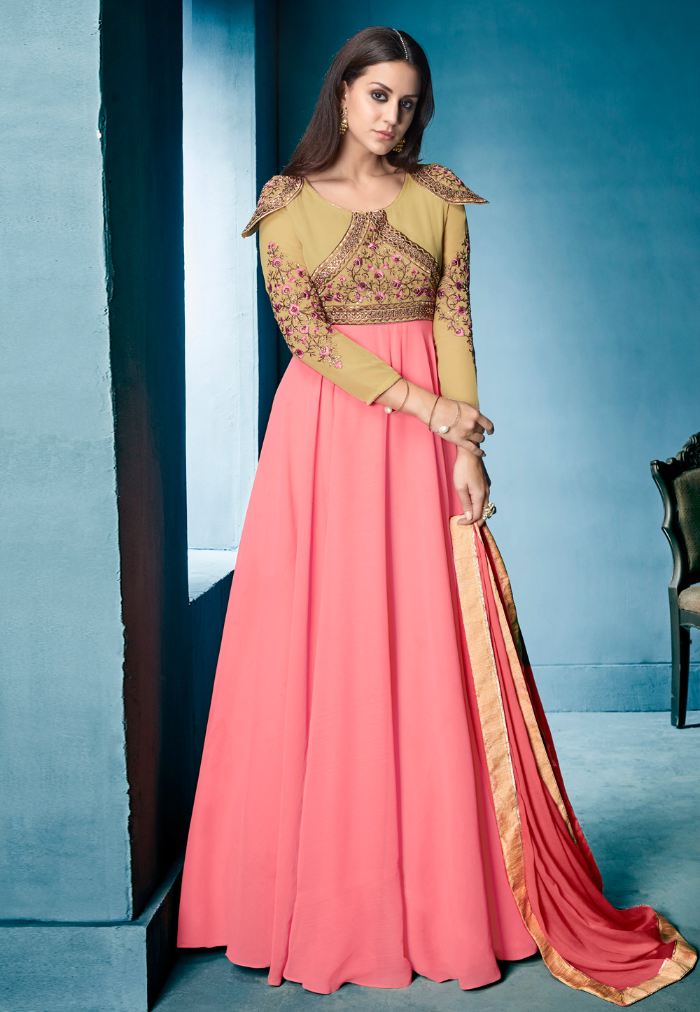 Pink Georgette Readymade Long Anarkali Suit 196083