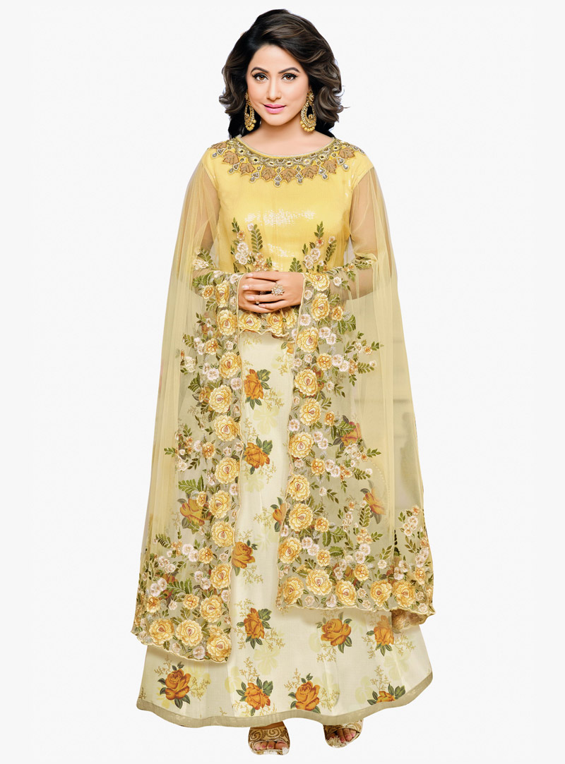 Hina Khan Yellow Georgette Ankle Length Anarkali Suit With Cape 87245