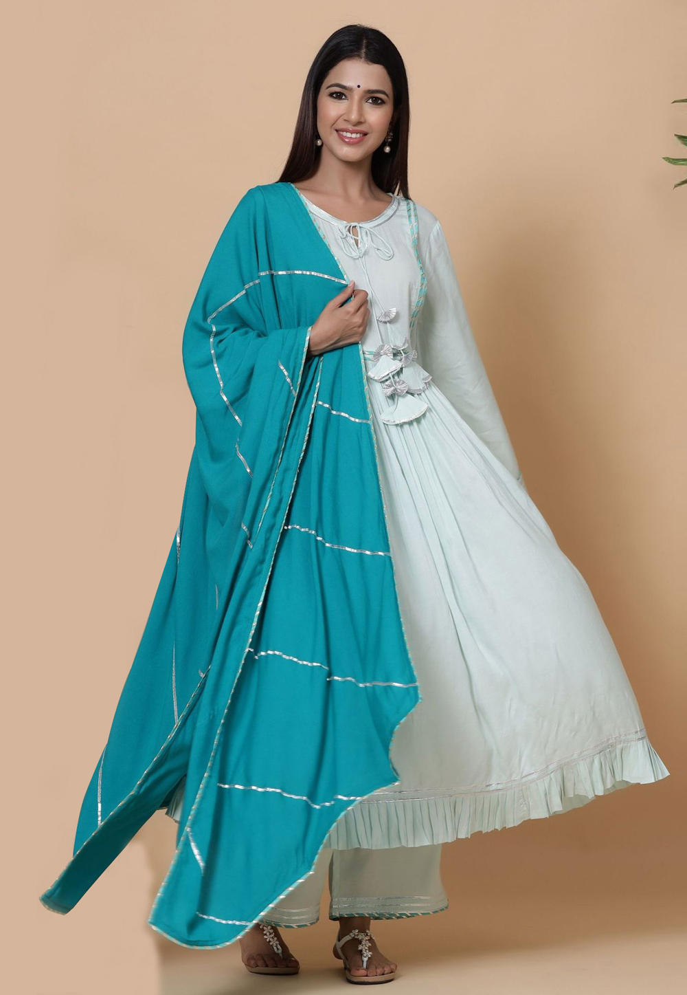 Off White Viscose Readymade Kameez With Palazzo 219010