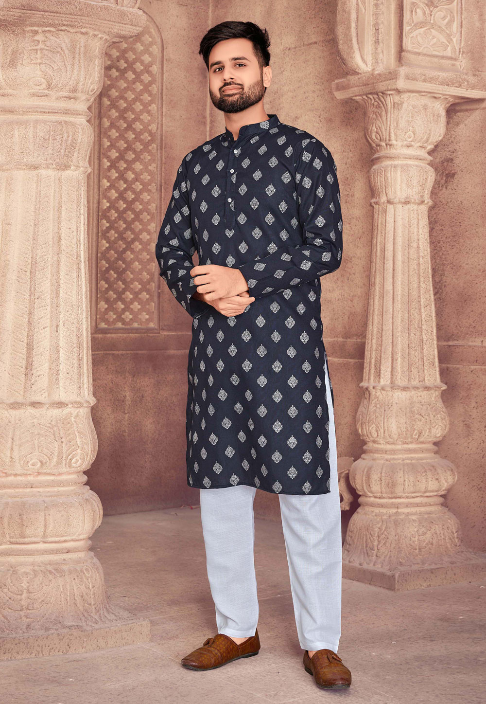 Navy Blue Cotton Kurta Pajama 261385