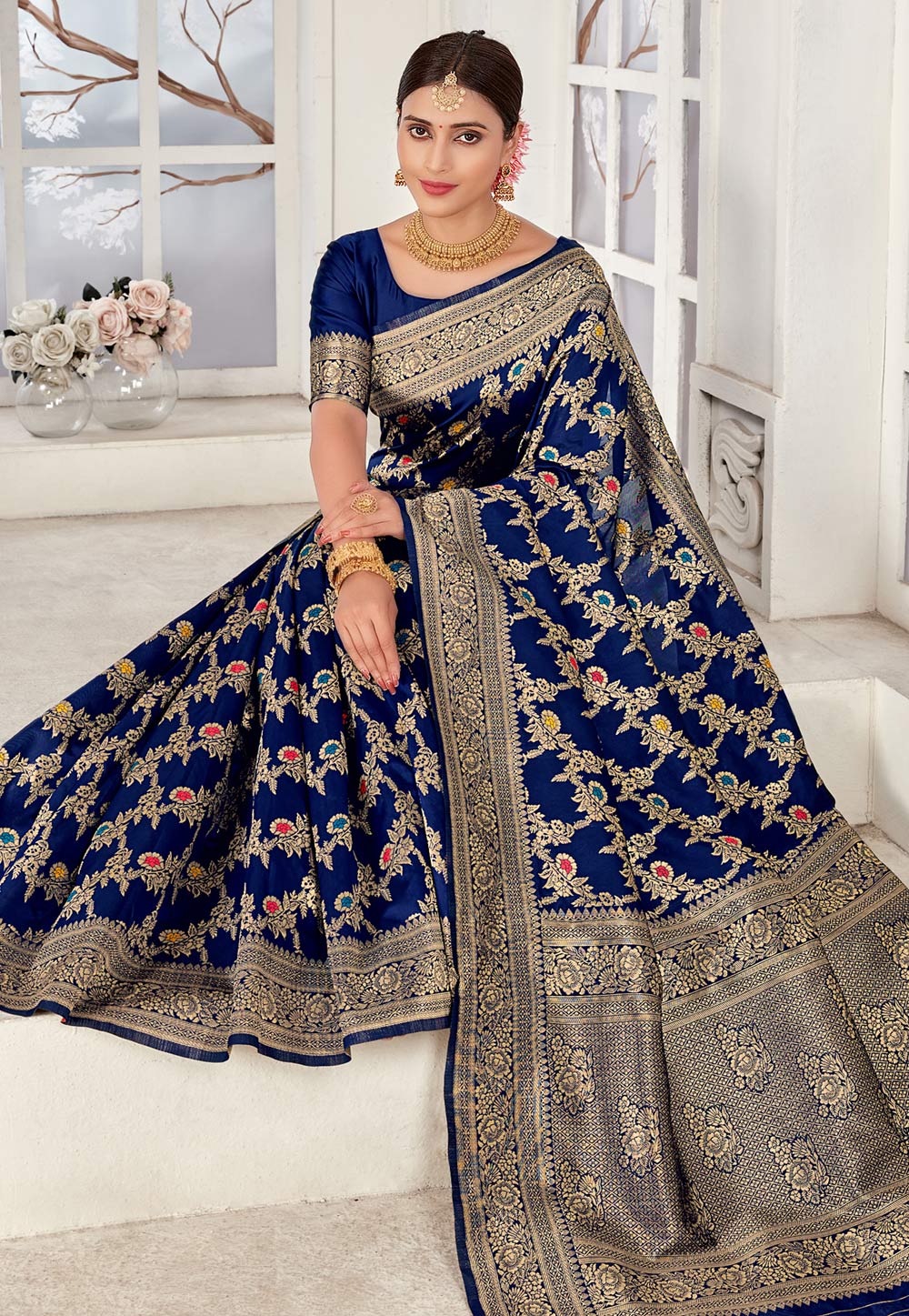 Silk Saree with blouse in Navy blue colour 2231