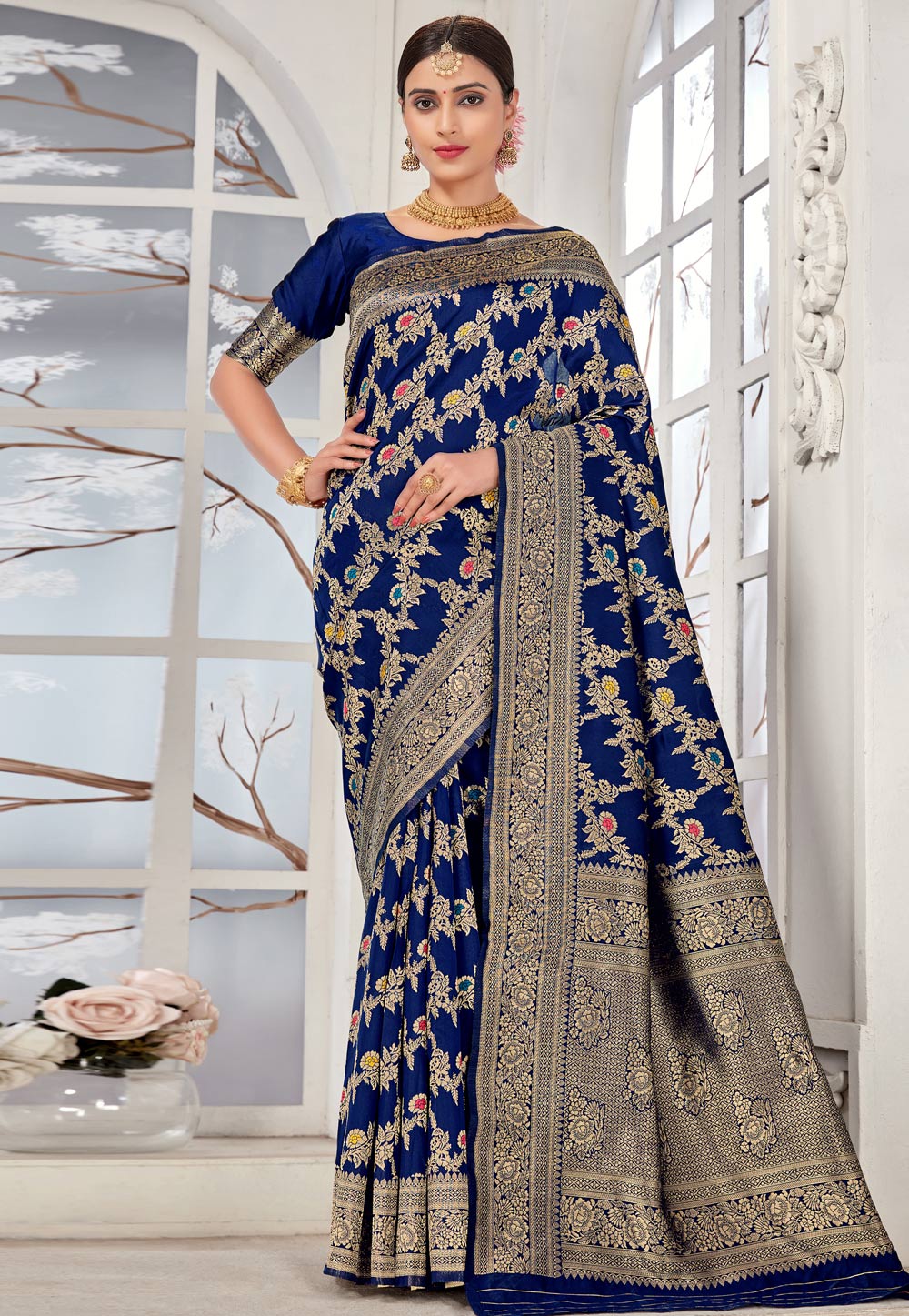 Navy Blue Banarasi Silk Saree With Blouse 246585