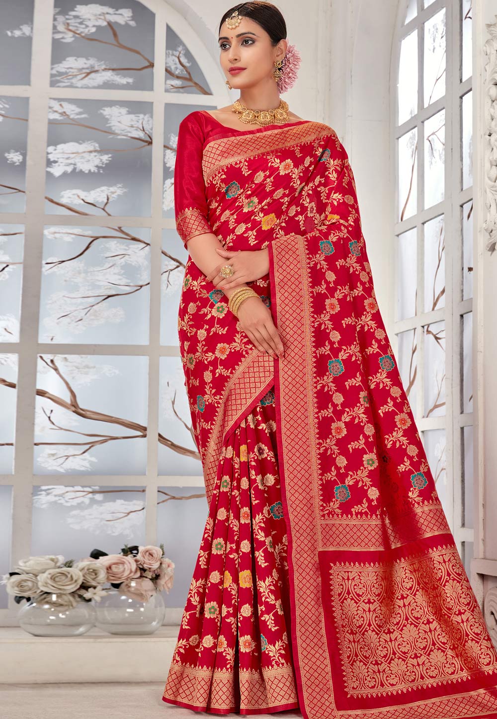 Red Banarasi Silk Saree With Blouse 246586