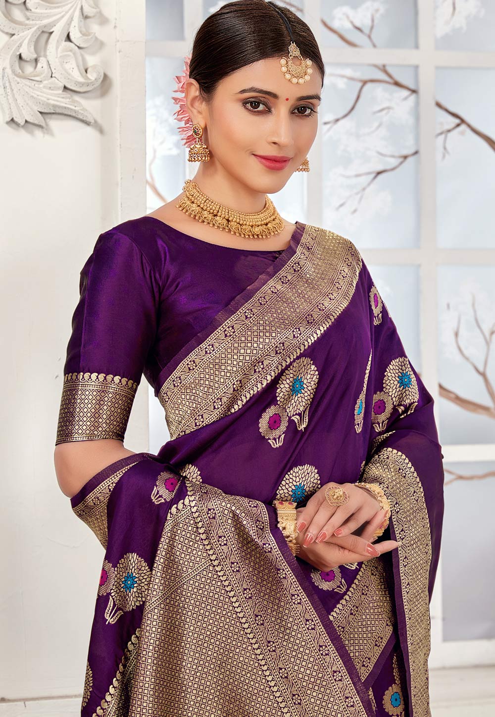 Saree Mall Purple Silk Woven Saree With Unstitched Blouse