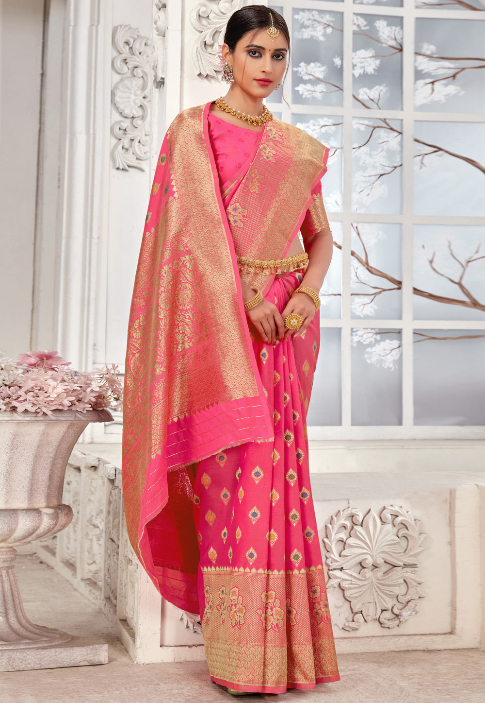 Pink Banarasi Silk Saree With Blouse 246589