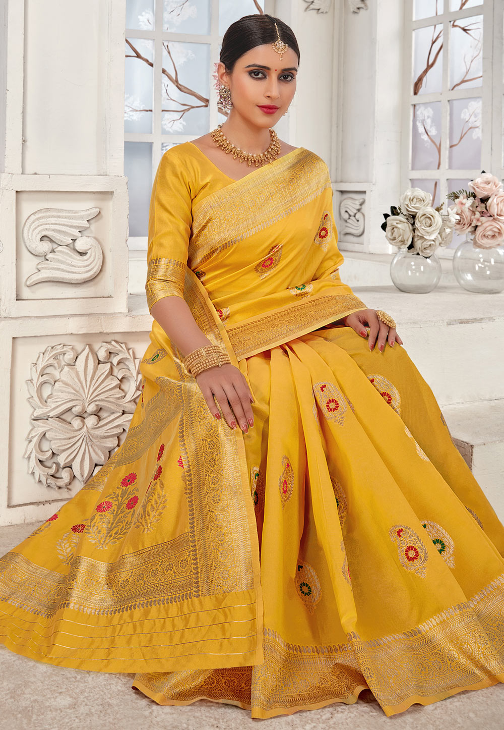 Punch Yellow Banarasi Saree with Kachhi,Mirror and Diamond Work – MySilkLove