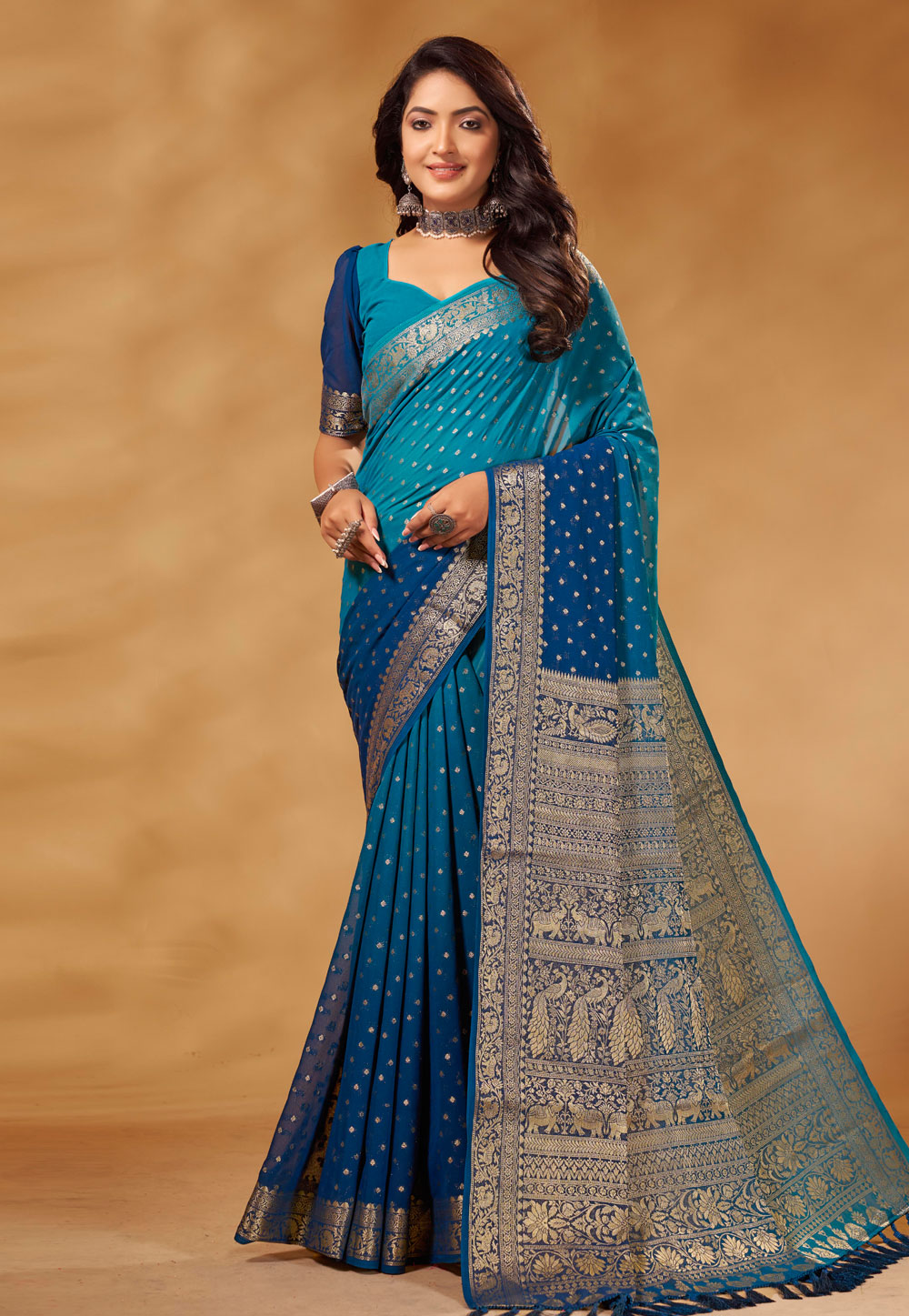 Teal Georgette Saree With Blouse 272717