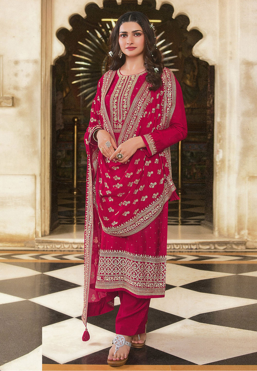 Prachi Desai Magenta Silk Pant Style Suit 249723