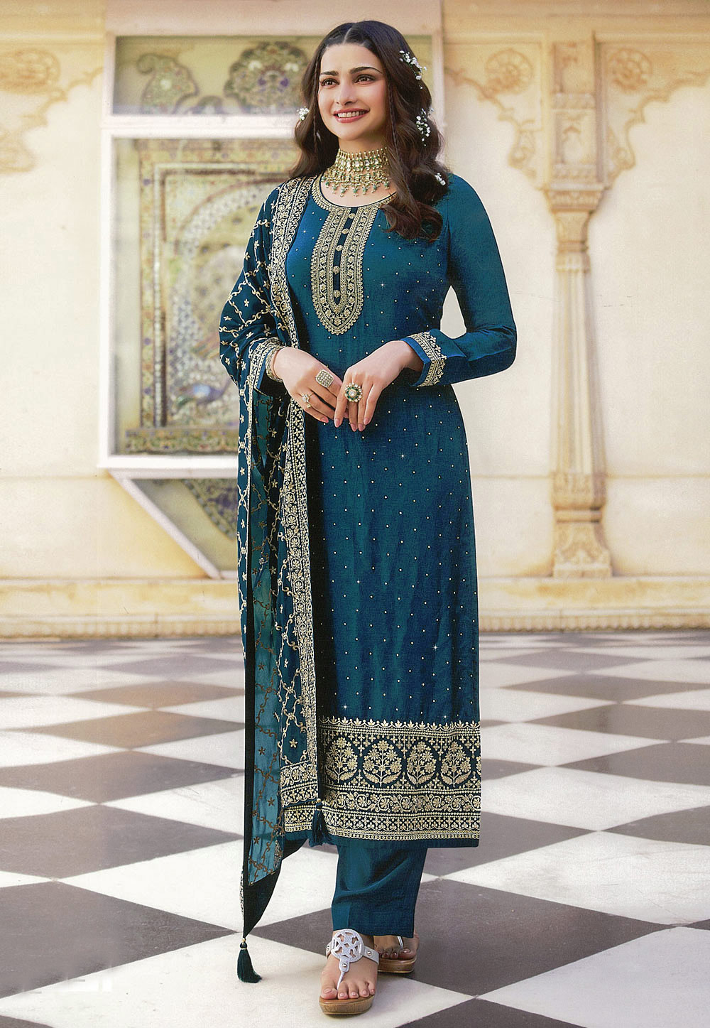 Prachi Desai Teal Silk Pakistani Suit 249724