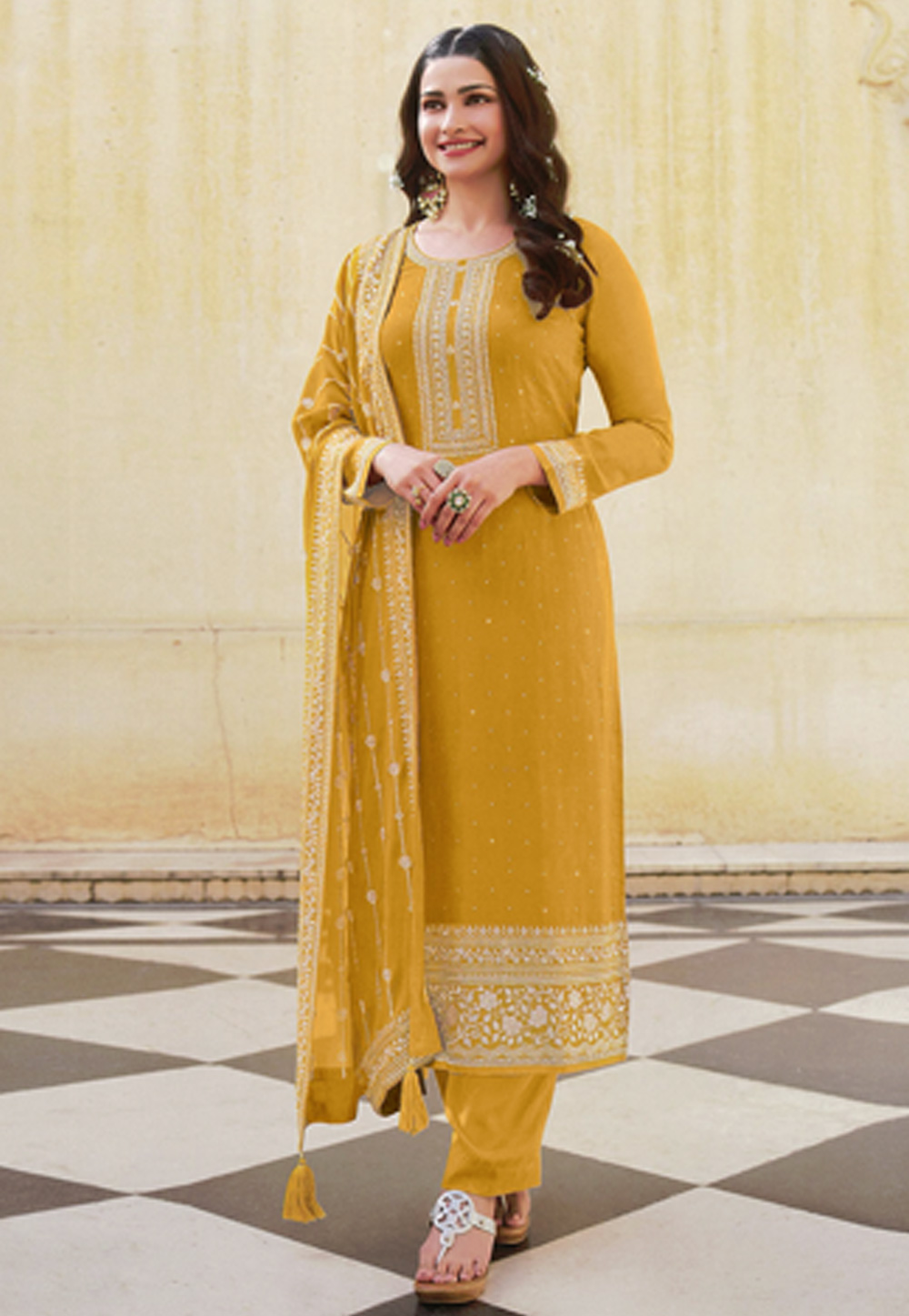 Prachi Desai Mustard Silk Pant Style Suit 249725
