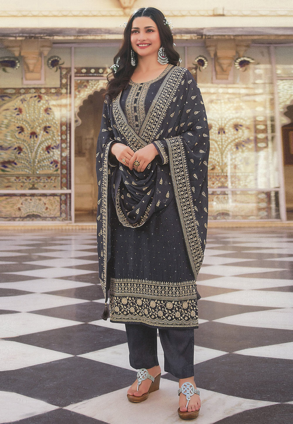 Prachi Desai Grey Silk Pakistani Suit 249726
