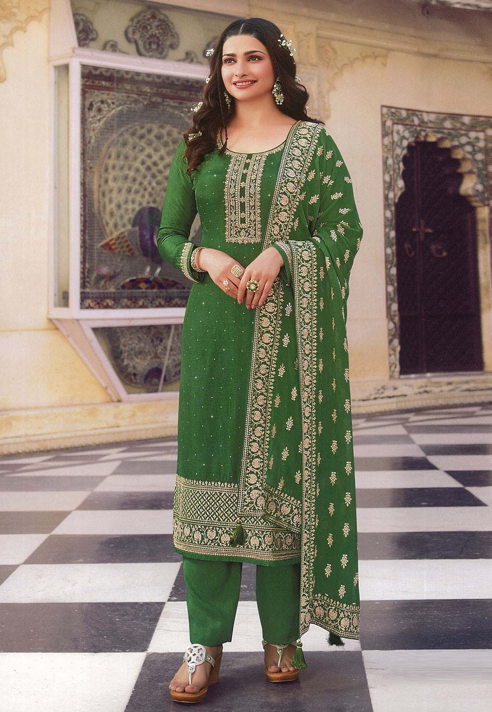 Prachi Desai Green Silk Pant Style Suit 249727