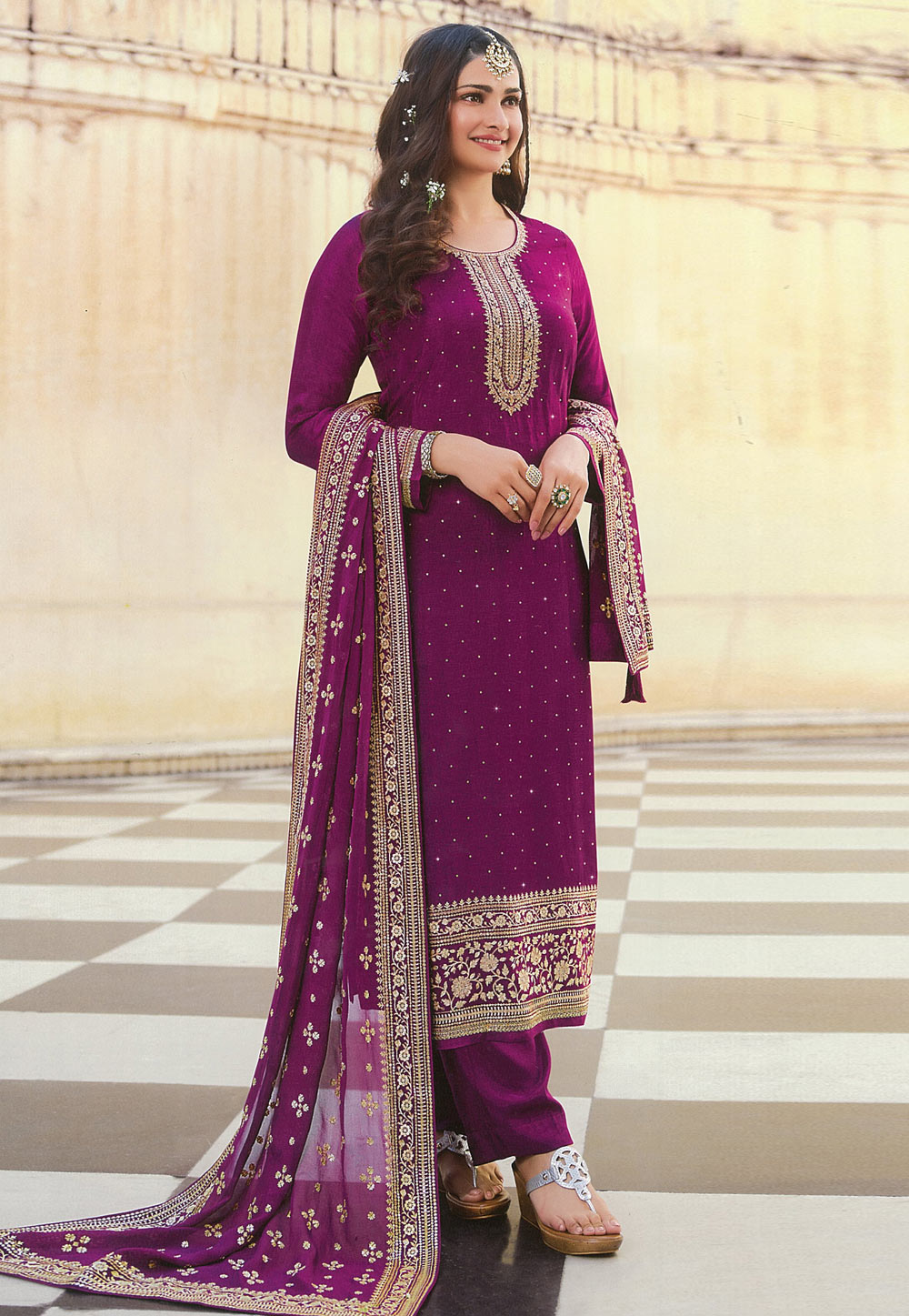 Prachi Desai Purple Silk Pakistani Suit 249730