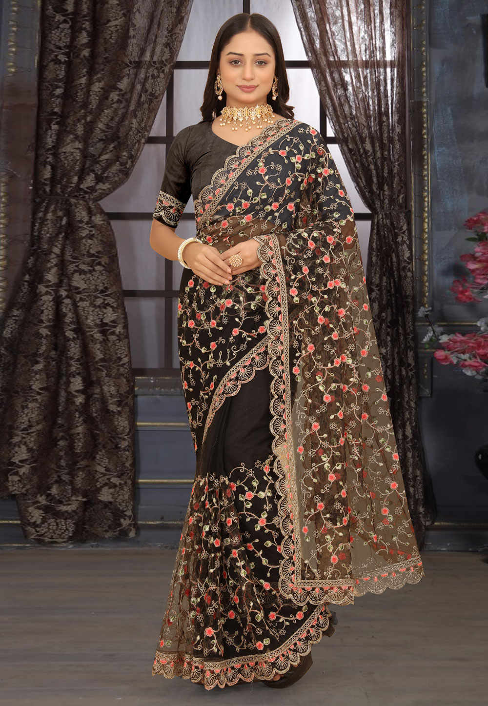 Black Net Saree with Blouse - Indian Cloth Store