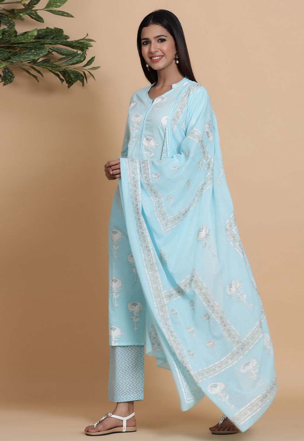 Sky Blue Cotton Readymade Pant Style Suit 219675
