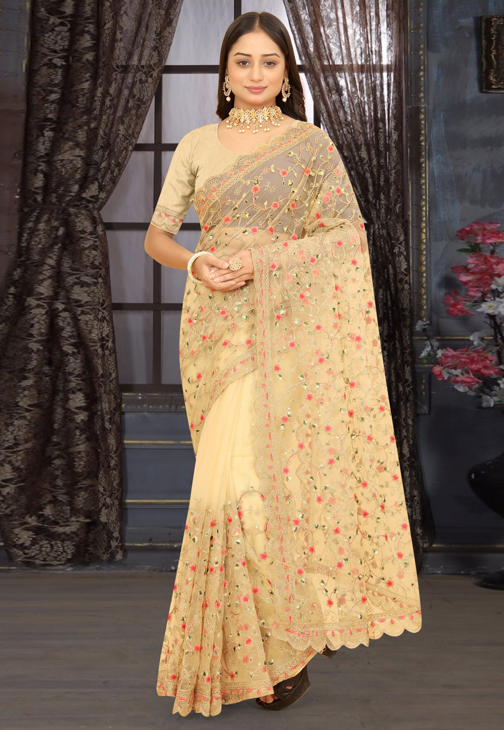 Beige Net Saree With Blouse 273375