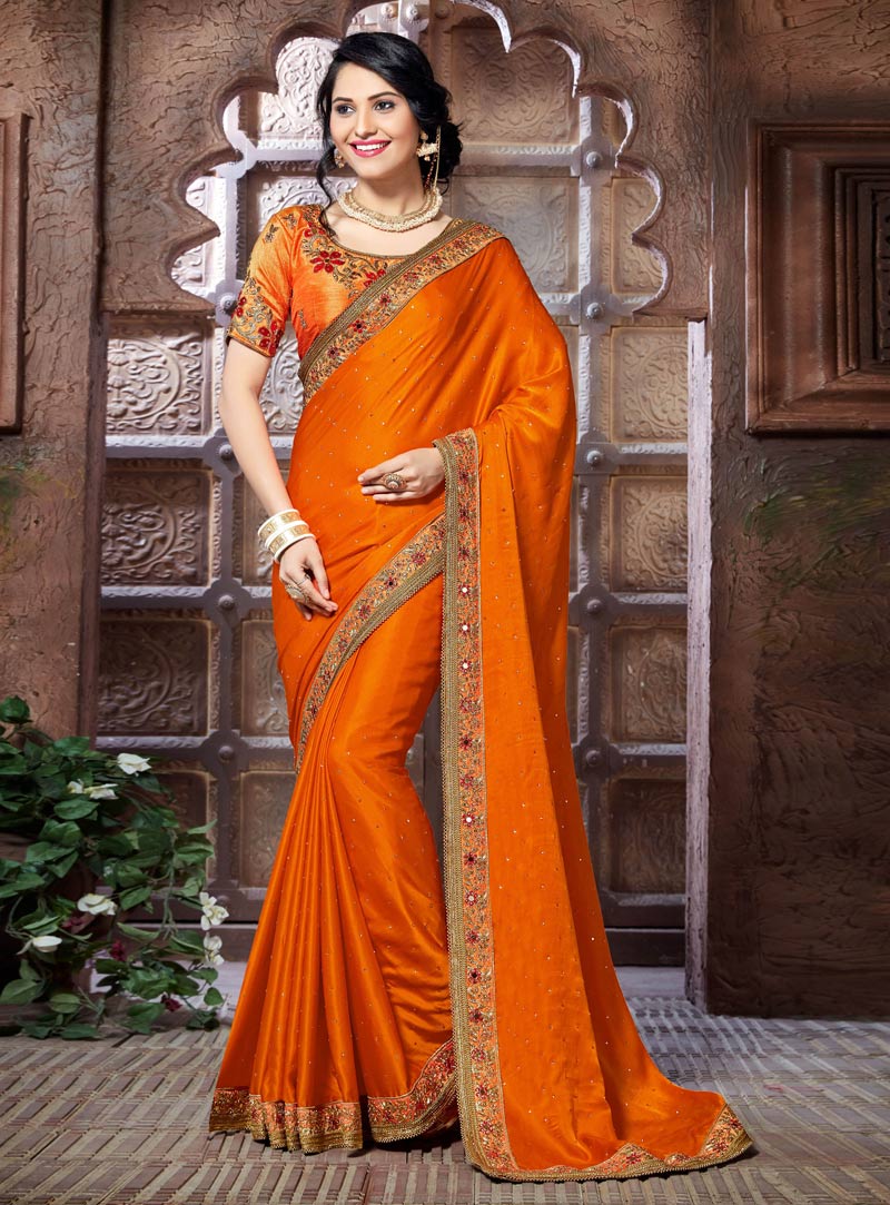 Orange Silk Engagement Wear Saree 87435