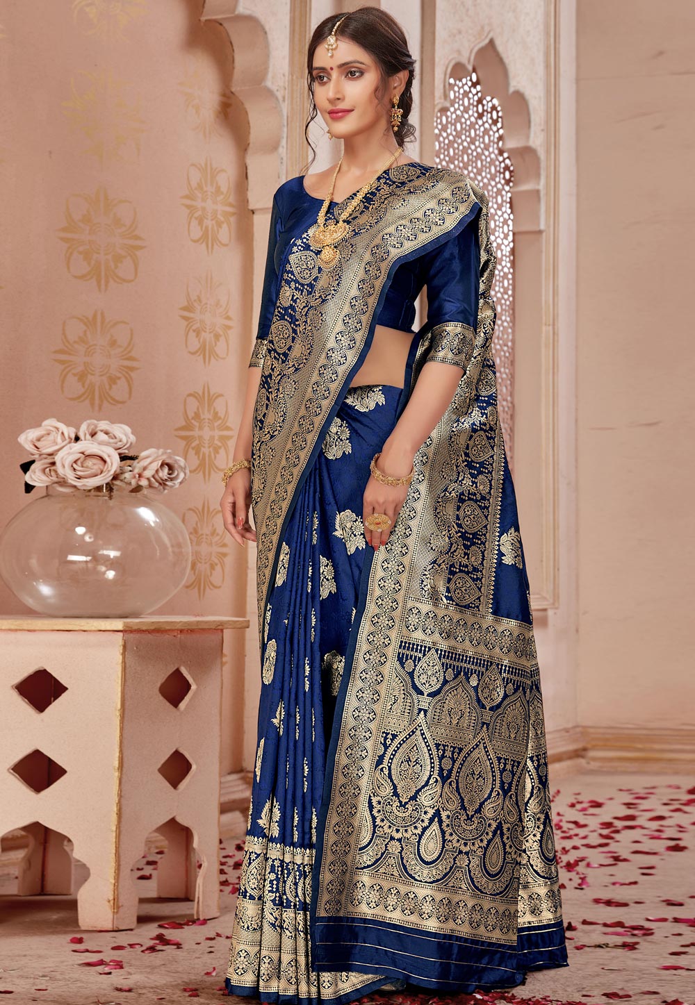 Navy blue kanchivaram kota silk zari work wedding saree