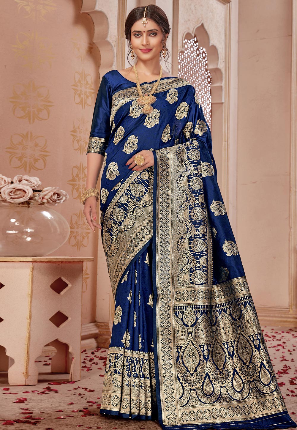 Womens Royal Blue Color Banglori Silk Deep Neck Sleevless Plain Blouse –