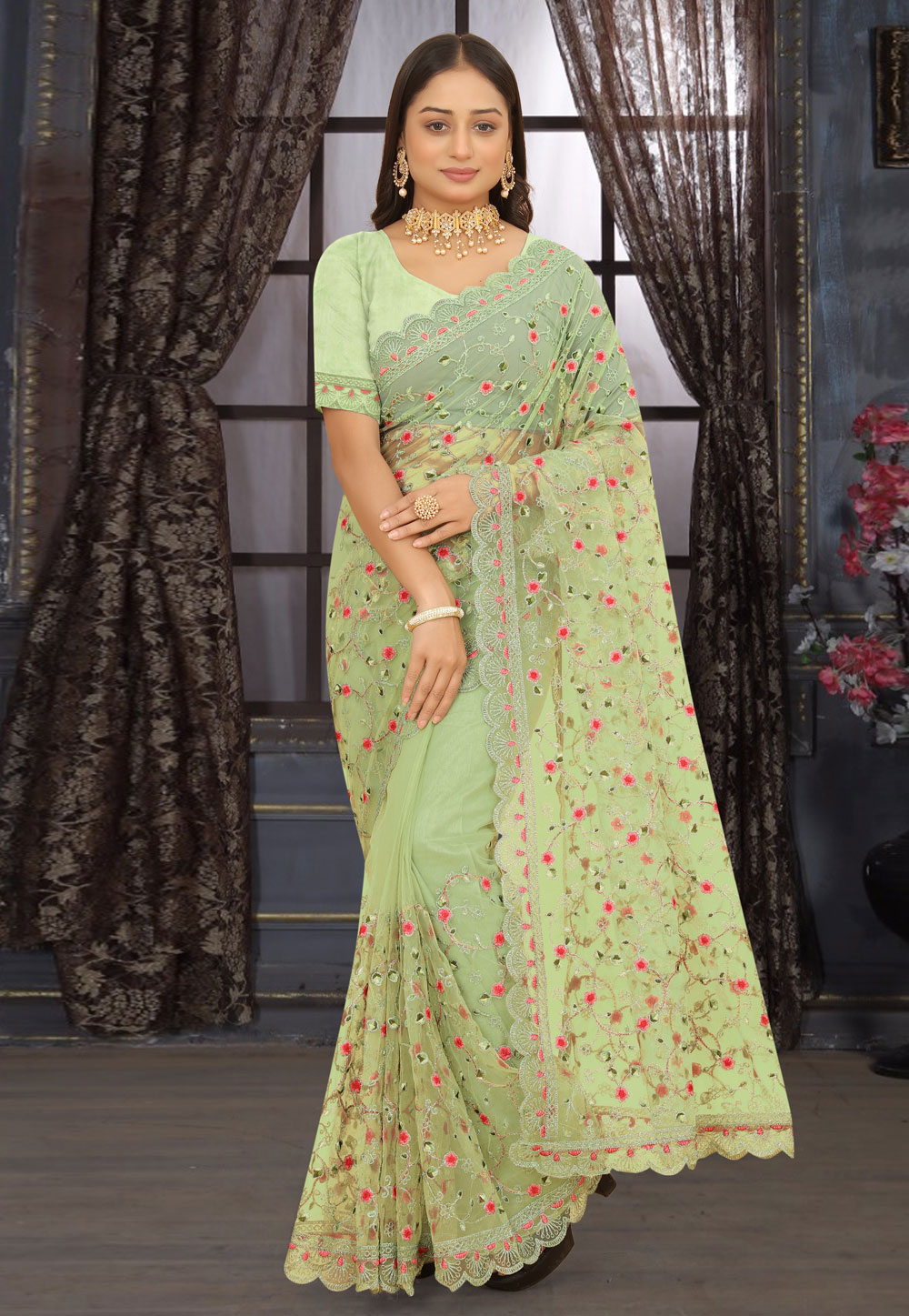 Pista Green Net Saree With Blouse 273376