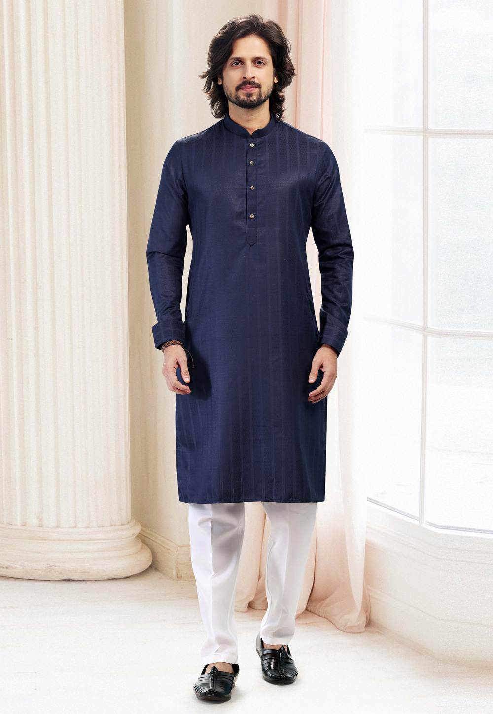 Navy Blue Silk Kurta Pajama 262254