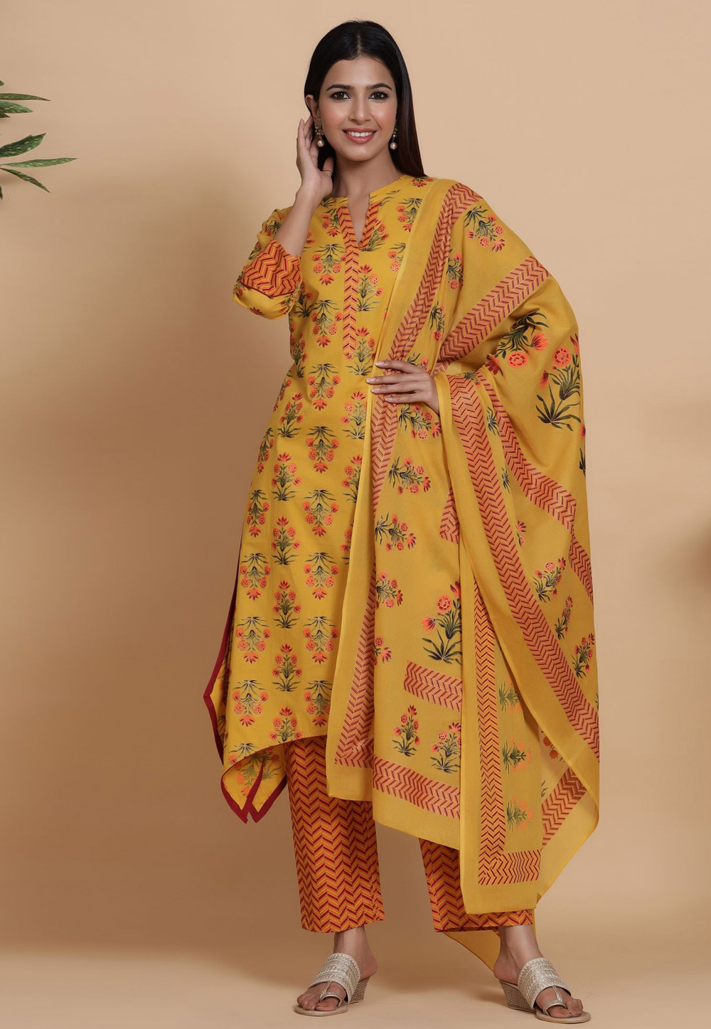 Yellow Cotton Readymade Pant Style Suit 219677