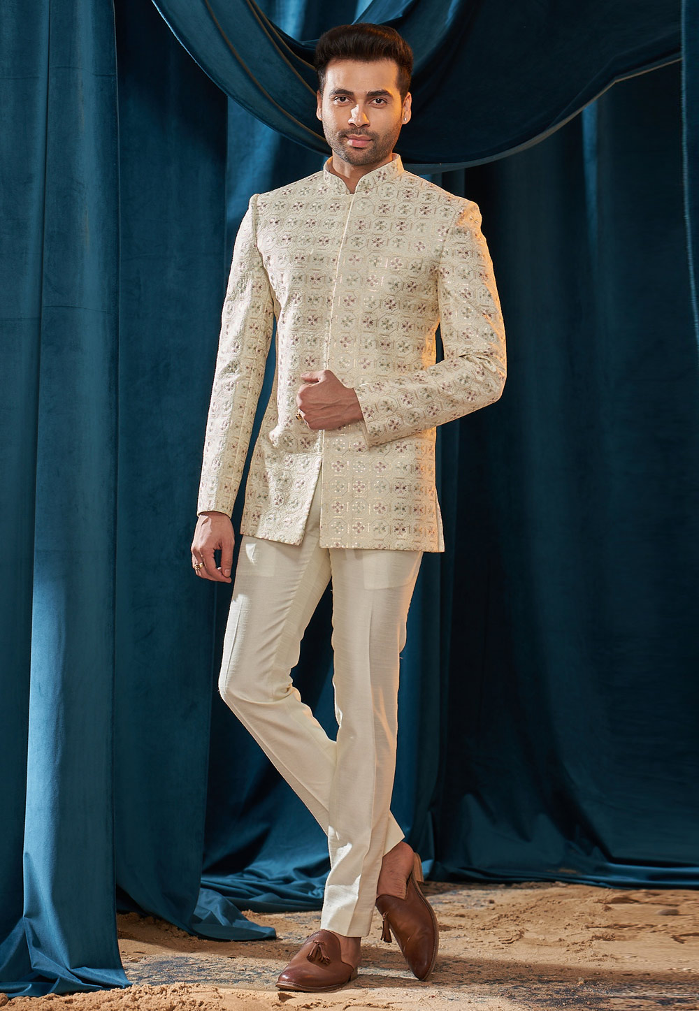 16844801052023 Cream Silk Jodhpuri Suit 