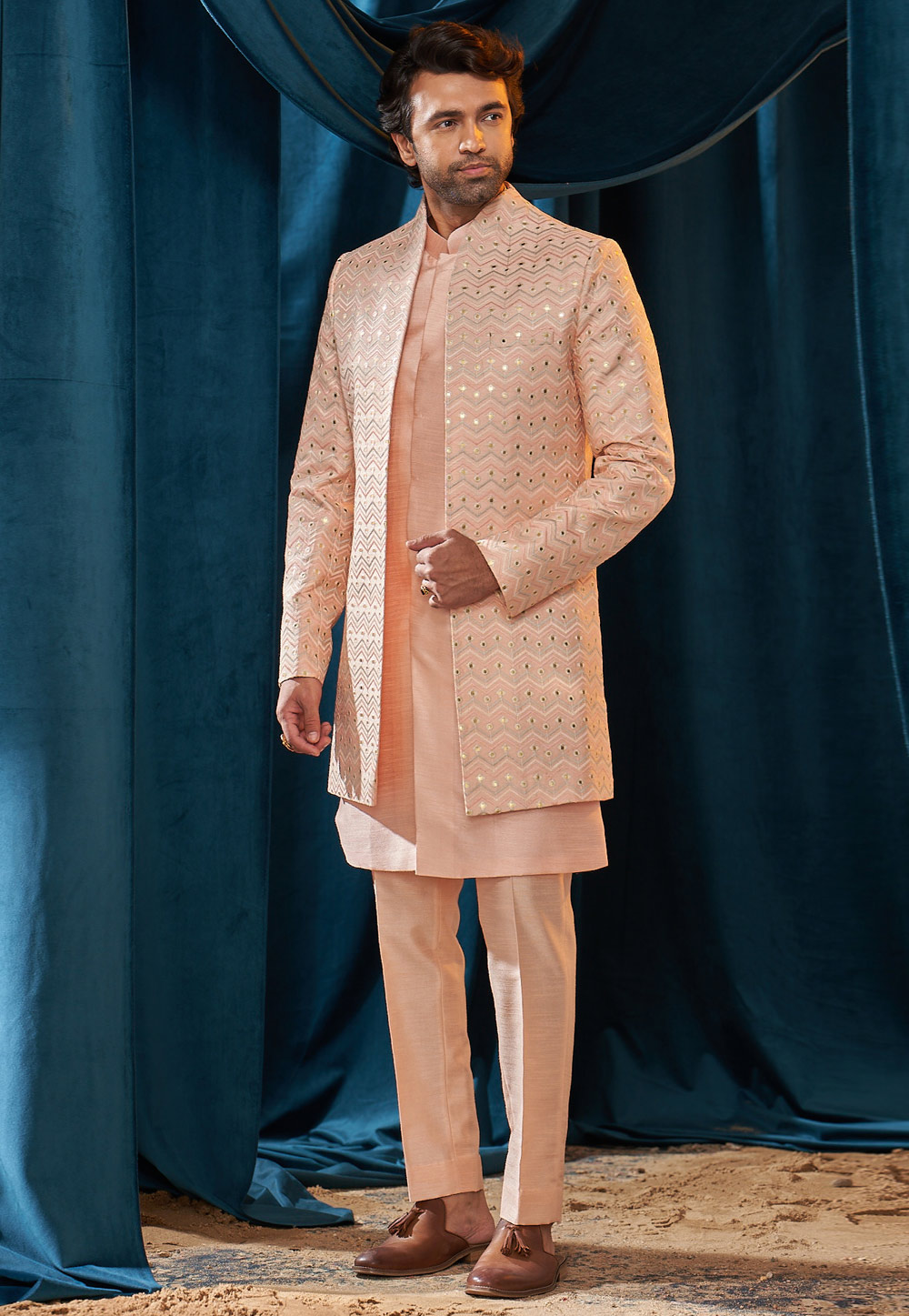 Peach Silk Jacket Style Sherwani 262390