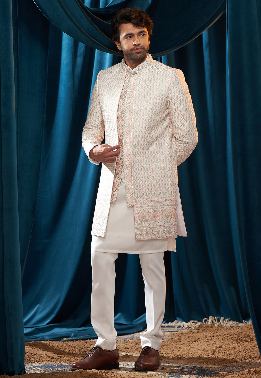 White Satin Jacket Style Sherwani 262392