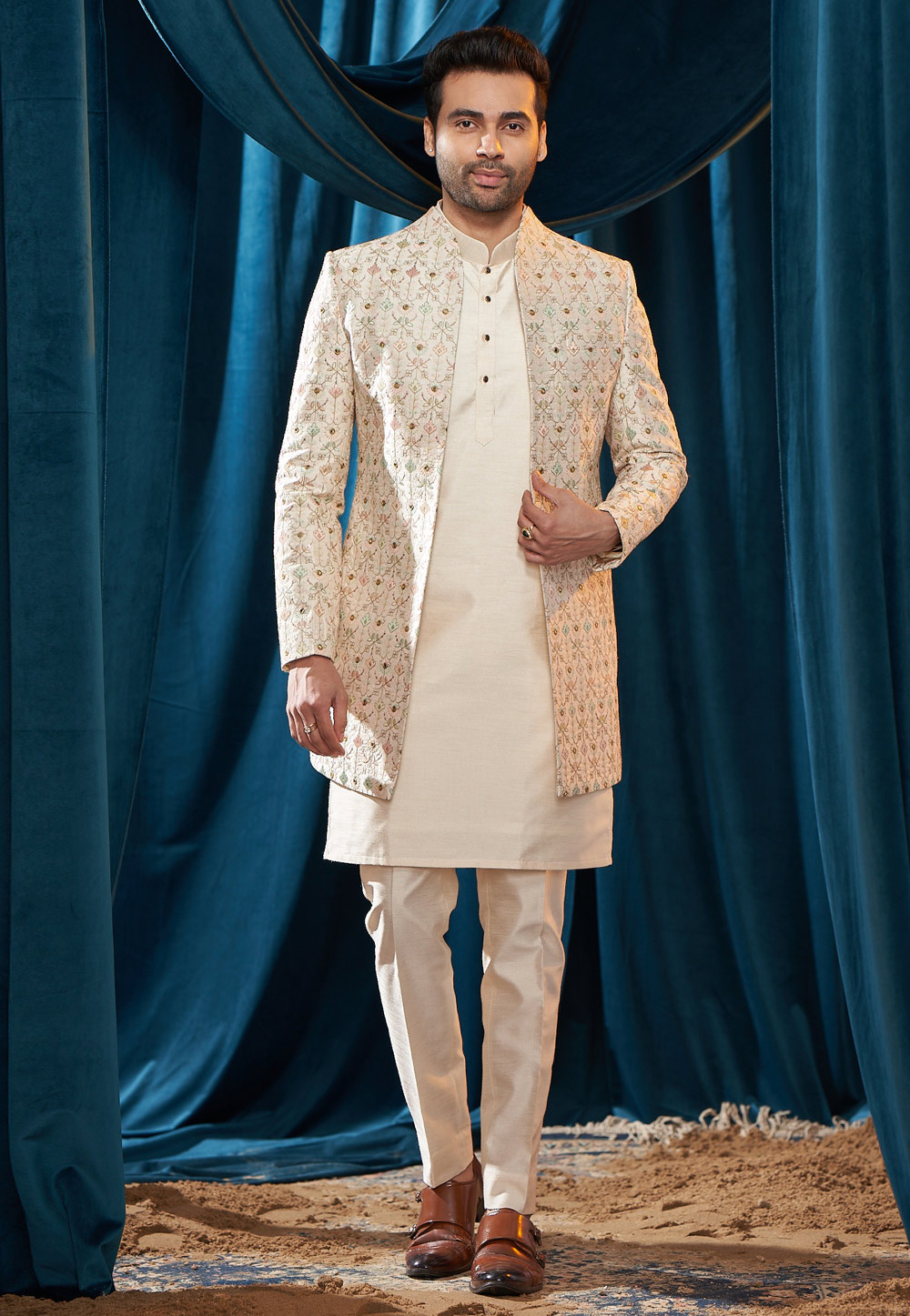 Off White Silk Jacket Style Sherwani 262393