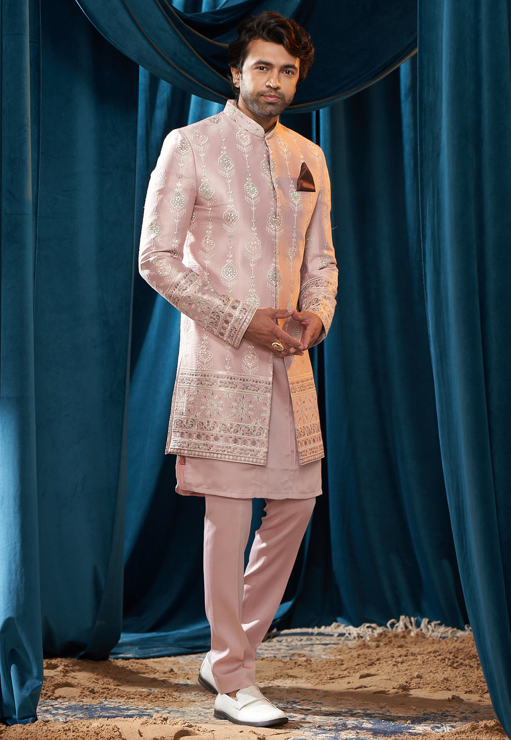 Light Pink Satin Jacket Style Sherwani 262394