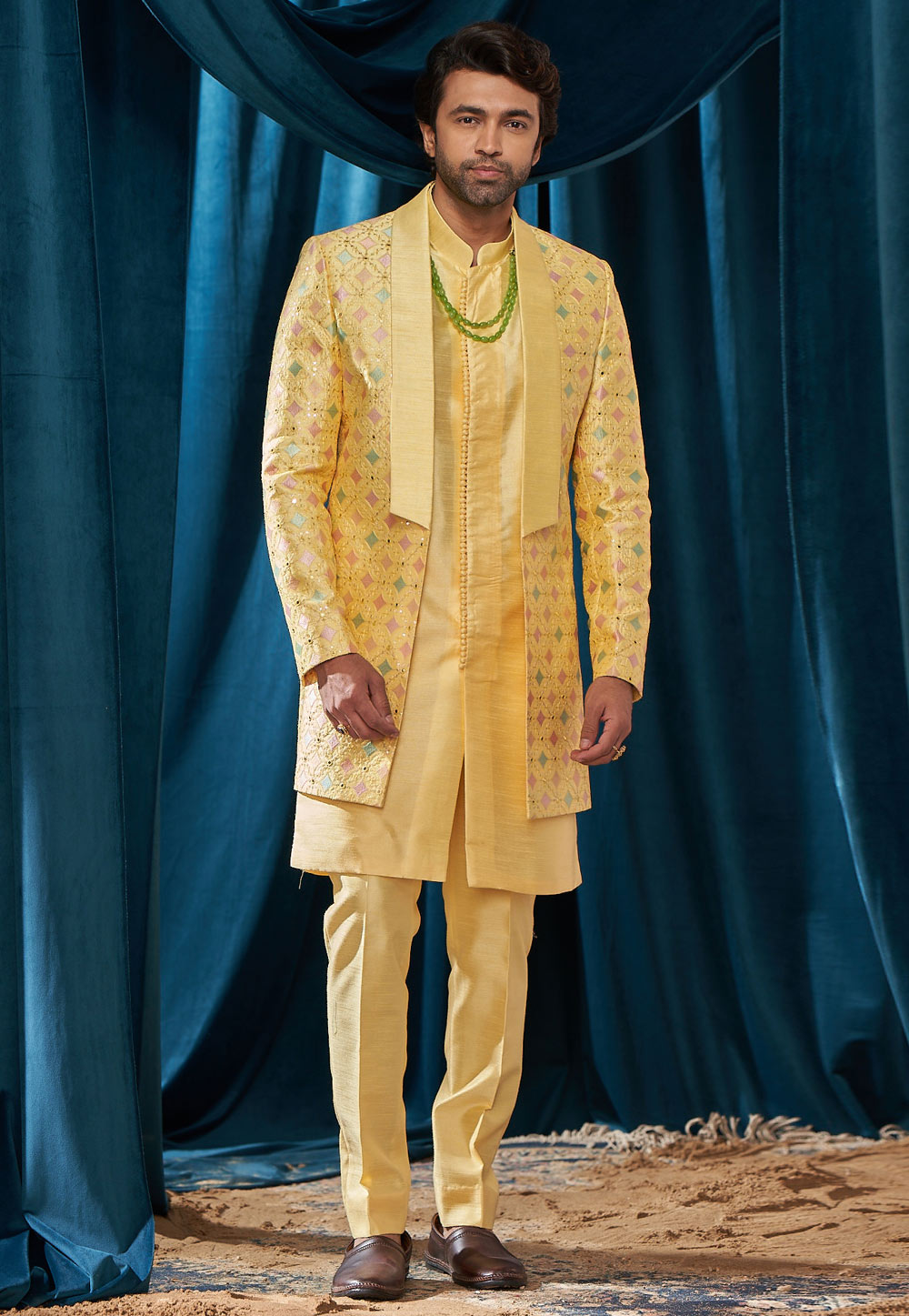 Yellow Silk Jacket Style Sherwani 262398