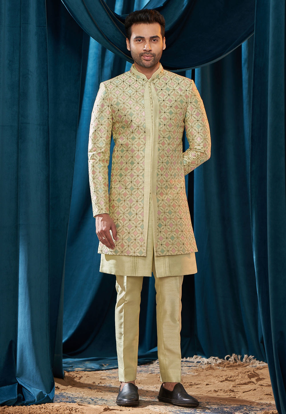 Pista Green Silk Jacket Style Sherwani 262399